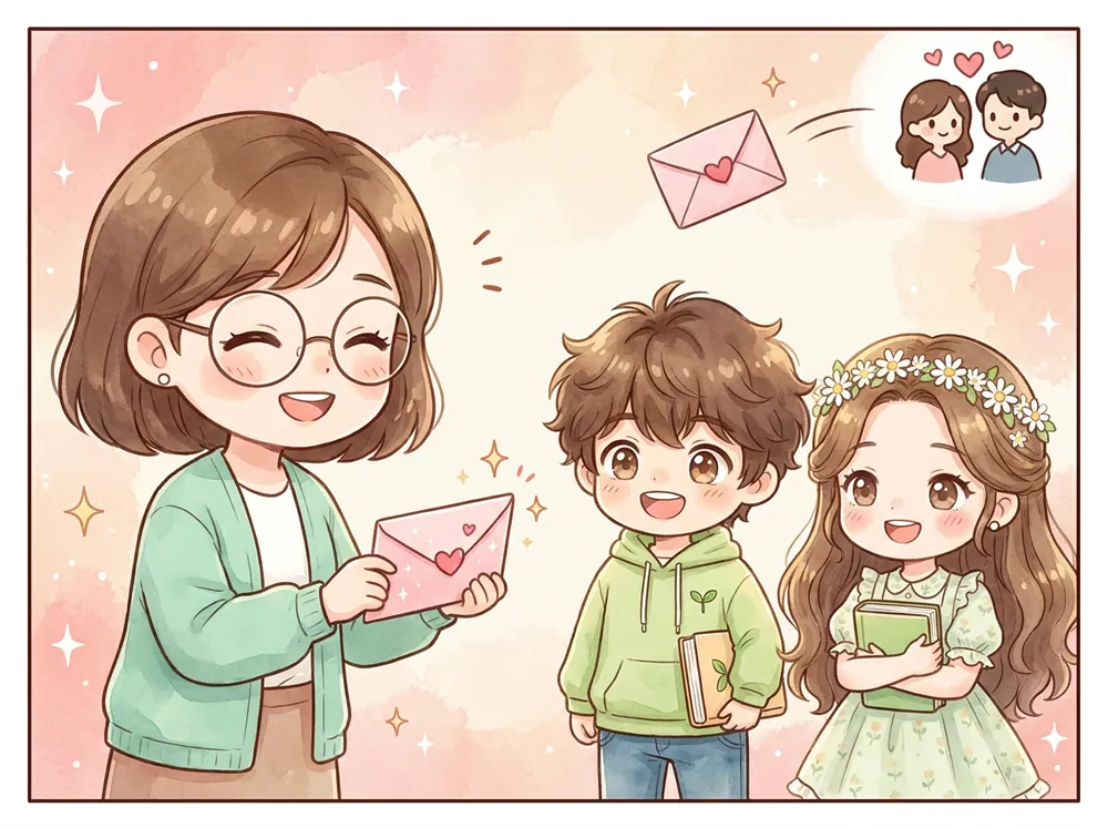 선생님이 예쁜 카드로 칭찬을 전하고 부모님께 편지가 전달되는 장면
